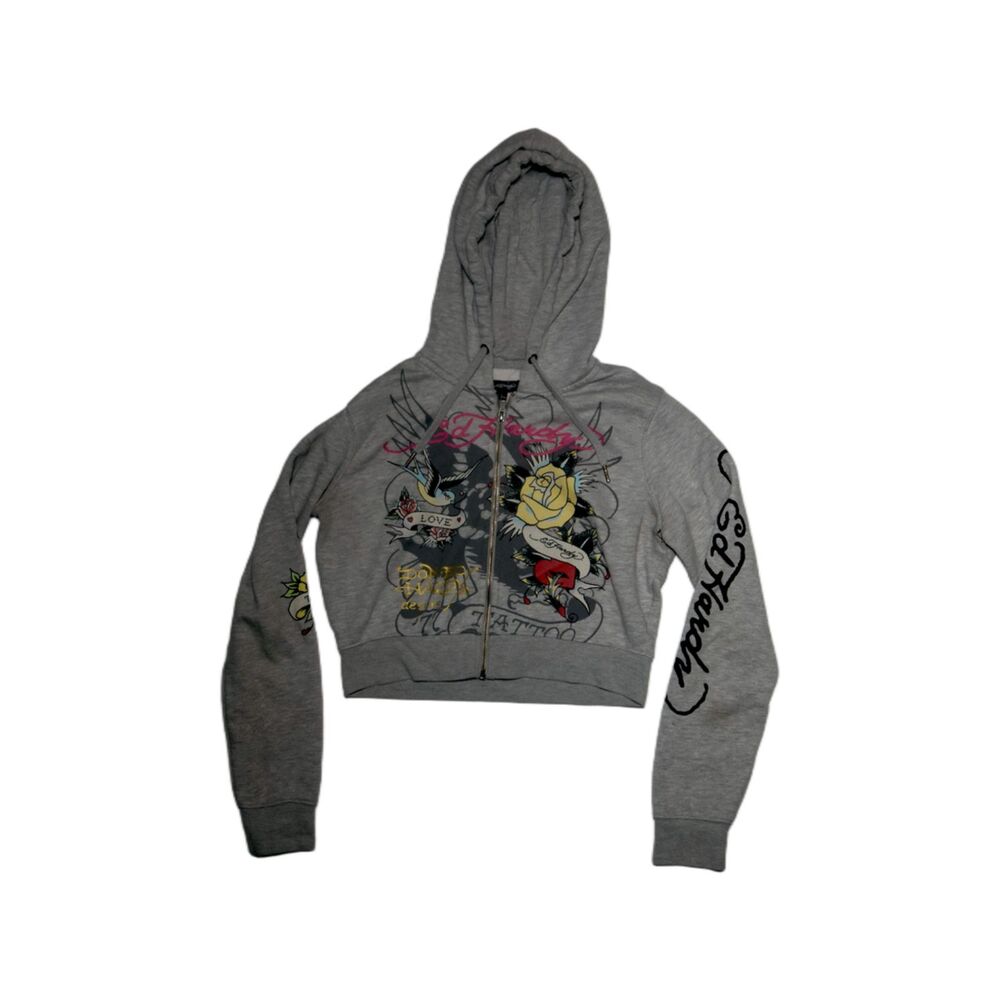 Ed Hardy Love Kills Slowly Cropped Zip-Up Hoodie Women's - L